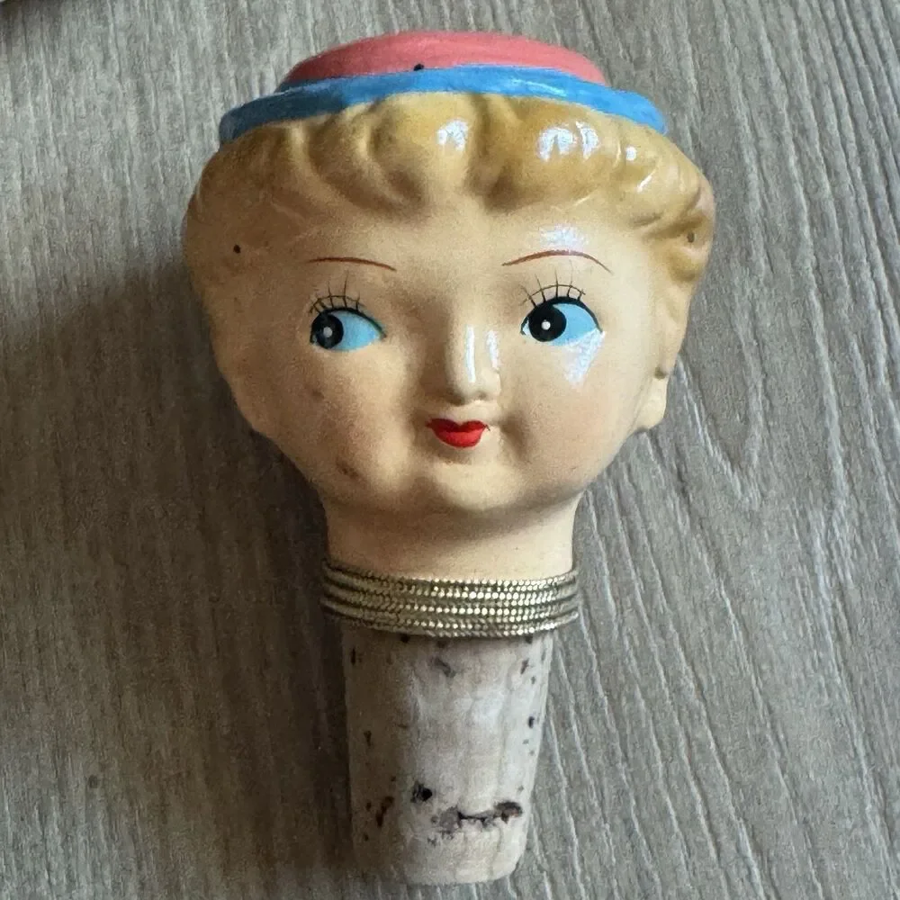 Vintage 60s Set Of 4 Enesco Japan Ceramic Heads Bottle Stoppers Corks